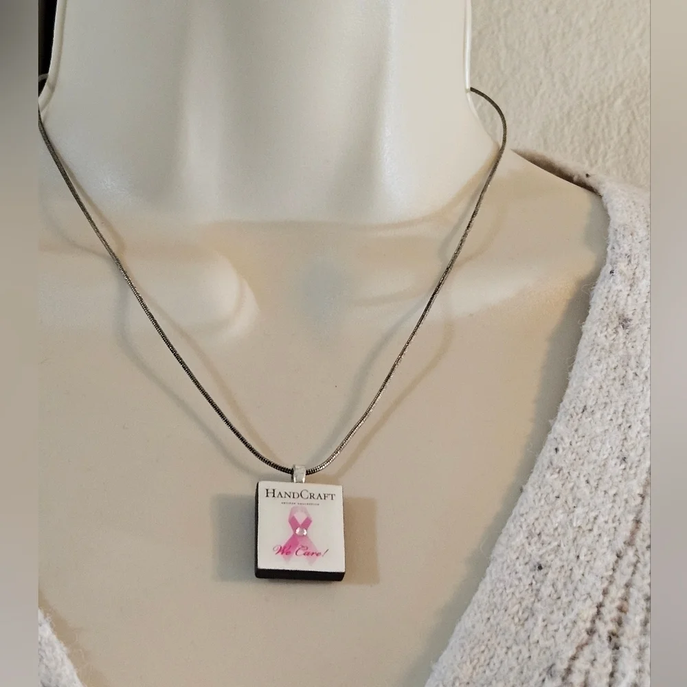 Artisan Breast Cancer Awareness Scrabble Tile Necklace - Picture 6 of 17